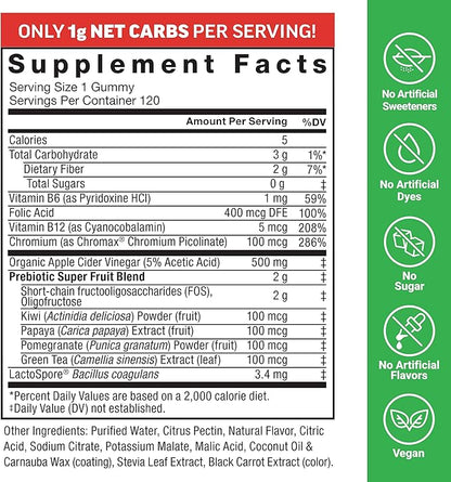 Force Factor ProbioSlim Keto ACV Gummies, Organic Apple Cider Vinegar Gummies with LactoSpore Probiotics & Prebiotics to Support Digestion, Metabolism, & Immune Health, 1 Net Carb, Apple Flavor, 120ct