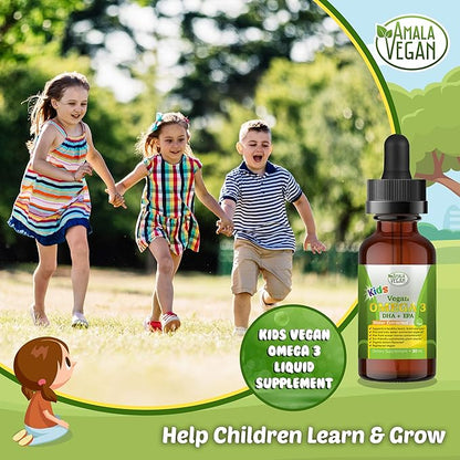 Omega 3 for Kids - Organic Lemon, Vegan, Liquid Supplement - Kids Fish Oil with DHA, EPA, DPA Fatty Acids - Plant Based Algae Oil - Immune, Heart, Brain Health for Children- 30-60 Doses