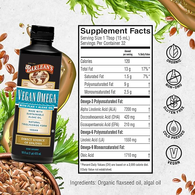 Barlean's Vegan Omega Liquid Flax and Algae Oil Plant Based EPA DHA Supplement from Algal Oil and Organic Flaxseed, Omegas 3 6 and 9 Fatty Acid Supplements, 16 Ounces