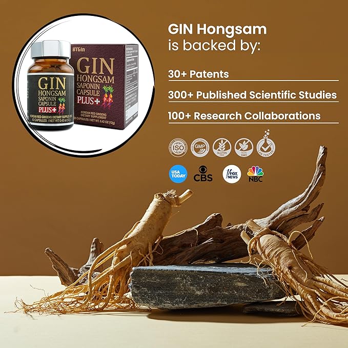Korean Red Ginseng [Gin HONGSAM] 60 Capsules - Premium Anti Aging Supplements - Boost Energy | Immune | Memory for Women and Men 100% Red Ginseng