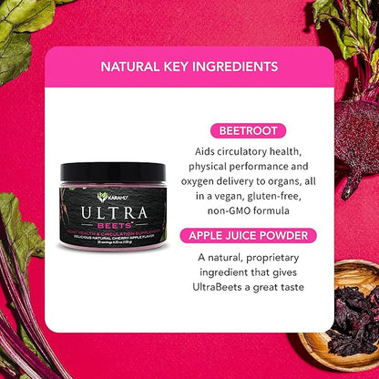 KaraMD UltraBeets | Delicious Beetroot Superfood Powder | Natural Vegan Friendly, Non-GMO & Gluten Free Nitric Oxide Booster Supplement | Supports Circulation & Energy (30 Concentrated Servings)