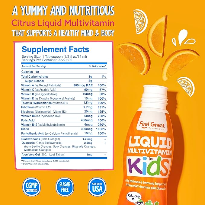 Feel Great Sugar Free Kids Multivitamin – Liquid Multivitamin | Essential Vitamins for Immune Support | Orange Flavored, Vegetarian Formula | 30 Day Supply