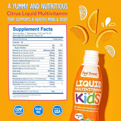 Feel Great Sugar Free Kids Multivitamin – Liquid Multivitamin | Essential Vitamins for Immune Support | Orange Flavored, Vegetarian Formula | 30 Day Supply