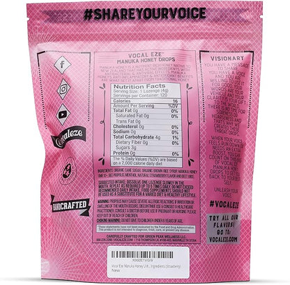 Vocal Eze Manuka Honey Strawberry UMF 10+ (MGO 265+) Menthol Cough Drops (120) | Lozenges for Sore, Hoarse, Fatigue, Dryness of Throat | Voice Support, All Natural and Organic Ingredients