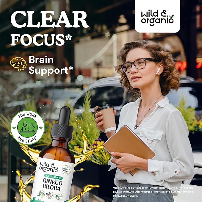 Wild & Organic Ginkgo Biloba Tincture - Brain & Focus Support with Ginkgo Leaf Supplement - Vegan, Sugar & Alcohol-Free Herbal Extract Tincture - 2 fl oz