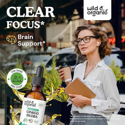 Wild & Organic Ginkgo Biloba Tincture - Brain & Focus Support with Ginkgo Leaf Supplement - Vegan, Sugar & Alcohol-Free Herbal Extract Tincture - 2 fl oz