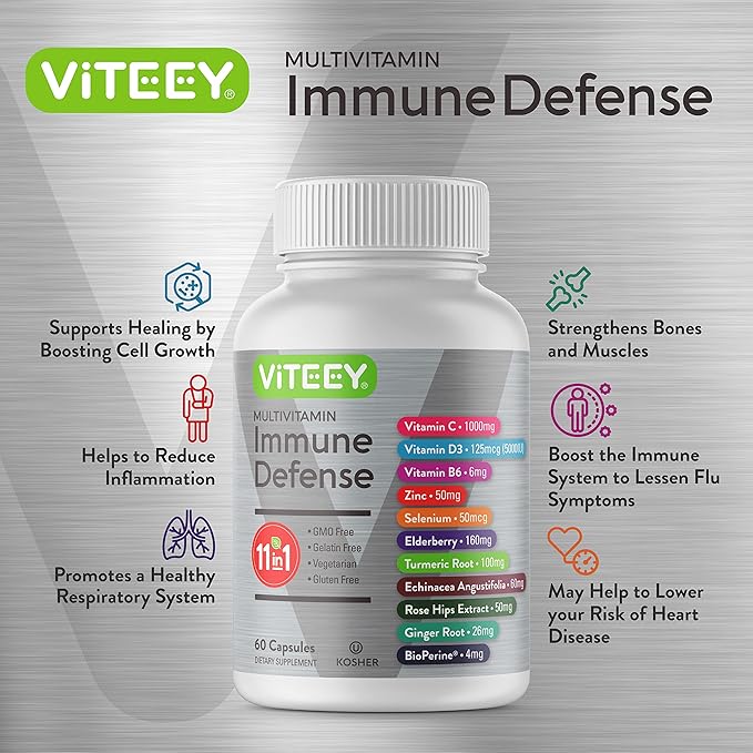 Viteey 11 in 1 Multivitamin Immune Defense Supplement - Immune Booster Capsules with Vitamin D3, Vitamin B6, Echinacea, Turmeric, Rose-HIPS, Selenium, BioPerine, Ginger, Elderberry Vitamin C and Zinc