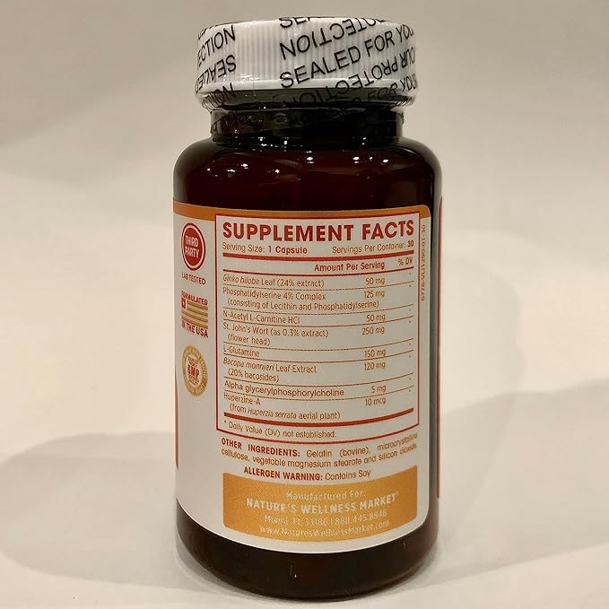 Natures Wellness Brain Booster | Natural Cognitive Enhancer for Increased Focus, Memory and Mental Clarity | Nootropics Brain Supplement | DMAE, Rhodiola Rosea Extract, Bacopa Monnieri, Ginkgo Biloba