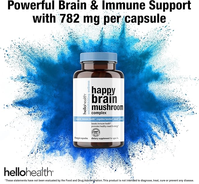 Happy Brain Mushroom Complex Nootropics Brain Support Supplement | 10 Mushroom Supplement: Lions Mane, Turkey Tail, Red Reishi, Shiitake Mushrooms for Mental Clarity, Energy & Immune Support 60 ct