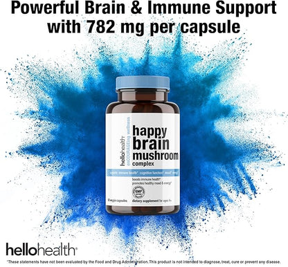 Happy Brain Mushroom Complex Nootropics Brain Support Supplement | 10 Mushroom Supplement: Lions Mane, Turkey Tail, Red Reishi, Shiitake Mushrooms for Mental Clarity, Energy & Immune Support 60 ct