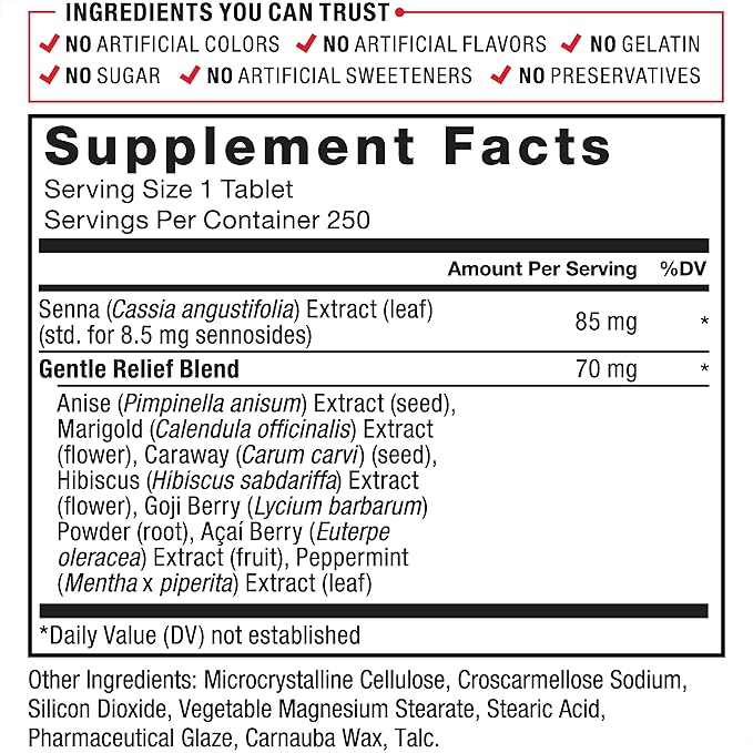 FORCE FACTOR Herbal Laxative for Constipation Relief for Adults, Digestion Supplement Made with Senna to Cleanse, Detox, and Soothe, Laxatives for Constipation for Women and Men, 250 Tablets
