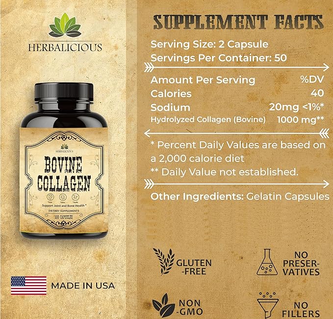 Bovine Collagen Supplements for Men and Women I Hydrolyzed Grass Fed Bovine Collagen Peptides Dietary Supplement for Joint, Nerve & Bone Support - Non-GMO, Anti-Aging - 100 Capsules
