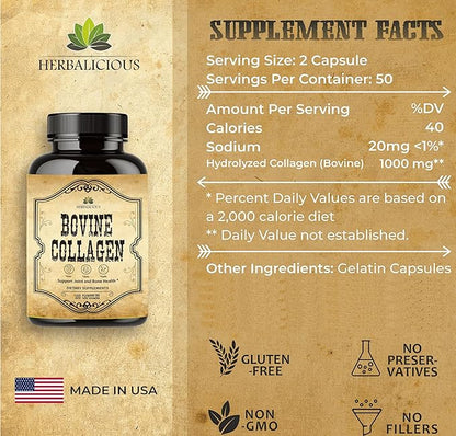 Bovine Collagen Supplements for Men and Women I Hydrolyzed Grass Fed Bovine Collagen Peptides Dietary Supplement for Joint, Nerve & Bone Support - Non-GMO, Anti-Aging - 100 Capsules