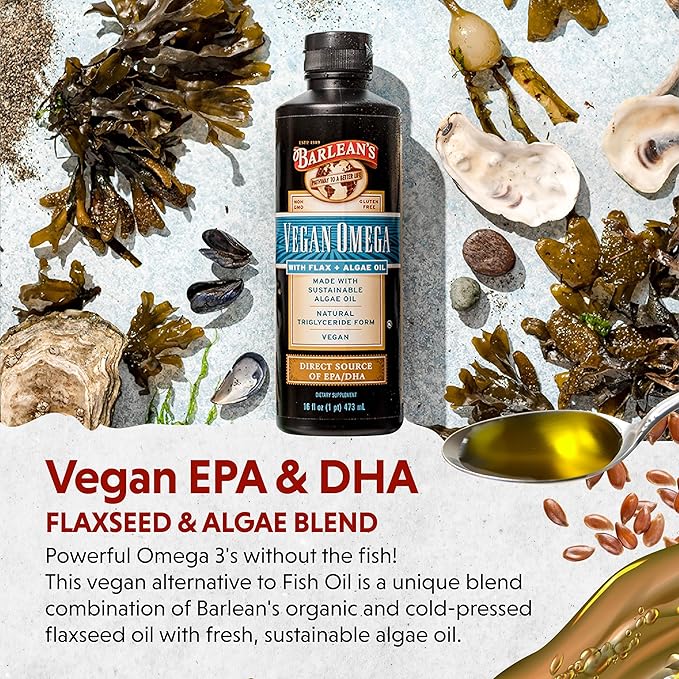 Barlean's Vegan Omega Liquid Flax and Algae Oil Plant Based EPA DHA Supplement from Algal Oil and Organic Flaxseed, Omegas 3 6 and 9 Fatty Acid Supplements, 16 Ounces