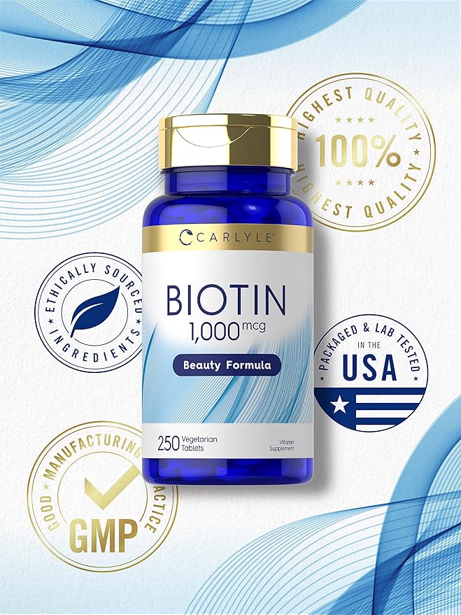 Carlyle Biotin 1000mcg | 250 Vegetarian Tablets | Beauty Formula Supplement | Non-GMO, Gluten Free