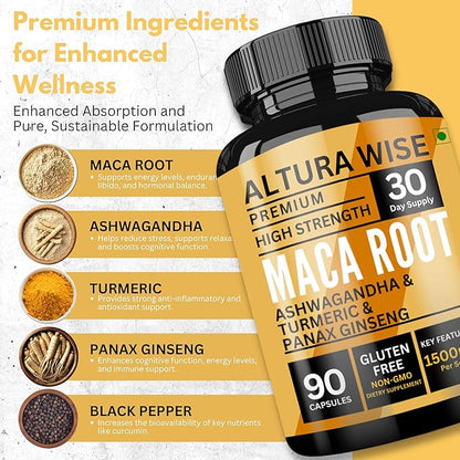 Maca Root Capsules 1500mg - Black | Red & Yellow Blend with Ashwagandha, Panax Ginseng, Turmeric & Black Pepper - Energy, Focus, Performance, Mood & Immune Support for Men & Women - 90 Caps