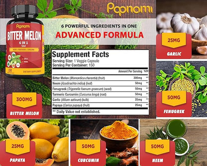 Organic Bitter Melon Extract Capsules - Combined Neem, Fenugreek, Curcumin, Garlic & Papaya - 150 Count for 5 Months - Supports Body, Digestive, Skin, Immune & Overall Wellness