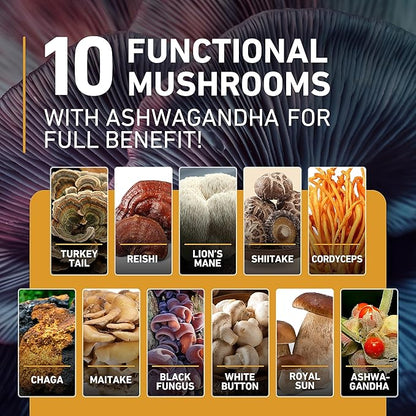 Mushroom Gummies 10 Blend 120 pcs - Lions Mane, Ashwagandha, Turkey Tail, Cordyceps, Chaga, Reishi Mushroom Complex - Mushroom Supplement for Immune, Energy, Clarity & Cognitive