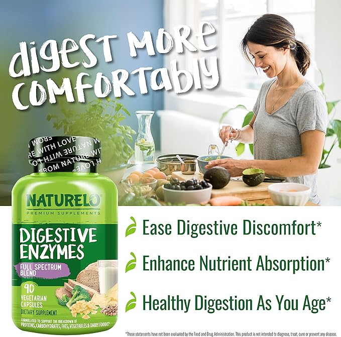NATURELO Digestive Enzymes - Full Spectrum Support with a Broad Blend of 15 Enzymes Plus Ginger - 90 Vegan Capsules (Pack of 2)