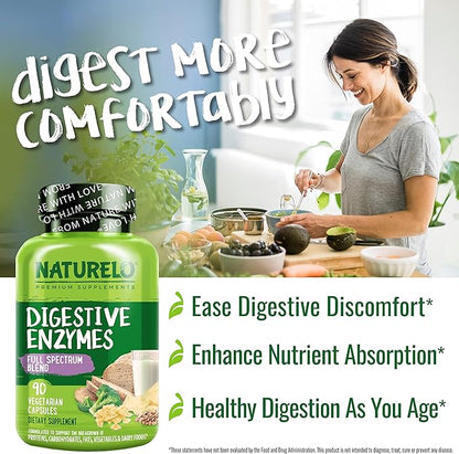 NATURELO Digestive Enzymes - Full Spectrum Support with a Broad Blend of 15 Enzymes Plus Ginger - 90 Vegan Capsules (Pack of 2)