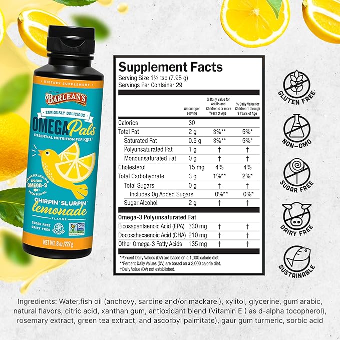 Barlean's Omega Pals Chirpin' Slurpin' Omega 3 for Kids, Yummy Lemonade Flavored Children's Liquid Fish Oil Supplement with 540 mg of EPA and DHA for Brain and Eye Health, 8 oz