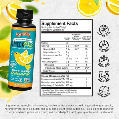 Barlean's Omega Pals Chirpin' Slurpin' Omega 3 for Kids, Yummy Lemonade Flavored Children's Liquid Fish Oil Supplement with 540 mg of EPA and DHA for Brain and Eye Health, 8 oz