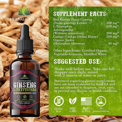 Ginseng L-Tryptophan Liquid - Ashwagandha, Ginkgo, Red Korean Panax - Drops Dietary Supplement Natural Stress Relief, Mood Booster, Sleep Aid & Calming Support - Non-GMO Vegetarian Formula (4 fl oz )