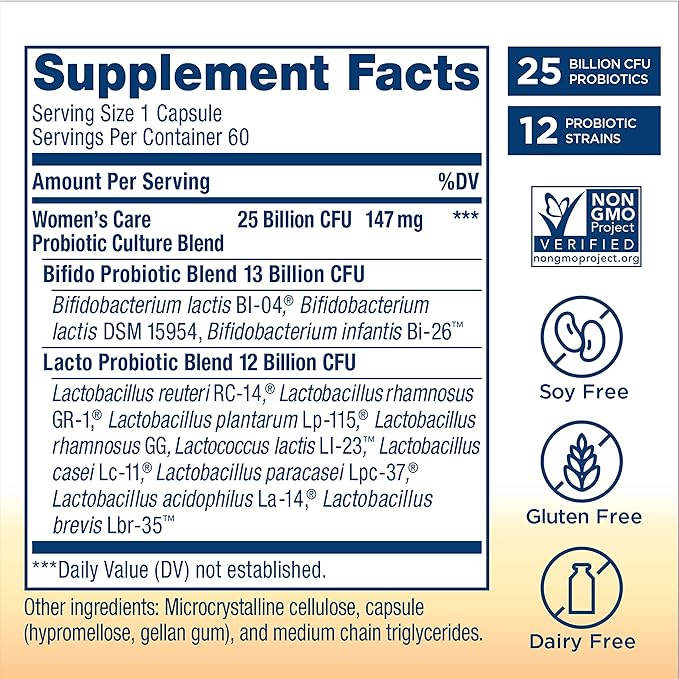 Renew Life Women's Probiotic Capsules, Supports pH Balance for Women, Vaginal, Urinary, Digestive and Immune Health, L. Rhamnosus GG, Dairy, Soy and Gluten-Free, 25 Billion CFU - 60 Ct