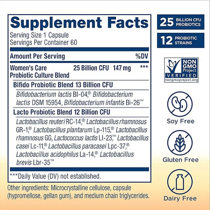 Renew Life Women's Probiotic Capsules, Supports pH Balance for Women, Vaginal, Urinary, Digestive and Immune Health, L. Rhamnosus GG, Dairy, Soy and Gluten-Free, 25 Billion CFU - 60 Ct