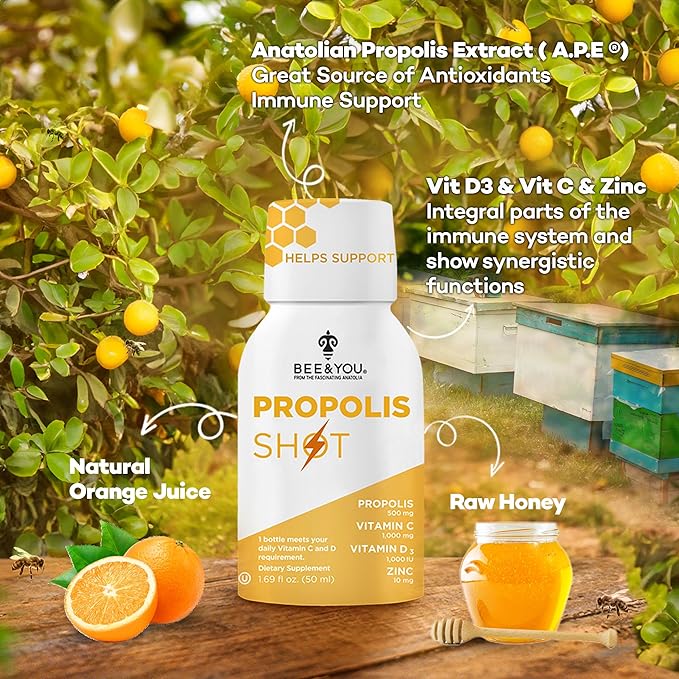 BEE and You Immune Support 100% Natural Propolis Shot Supplement, Antioxidants, Vitamin C, VIT D3, Zinc, Orange Juice, Raw Honey, 1.69 fl. oz x 12 Bottles