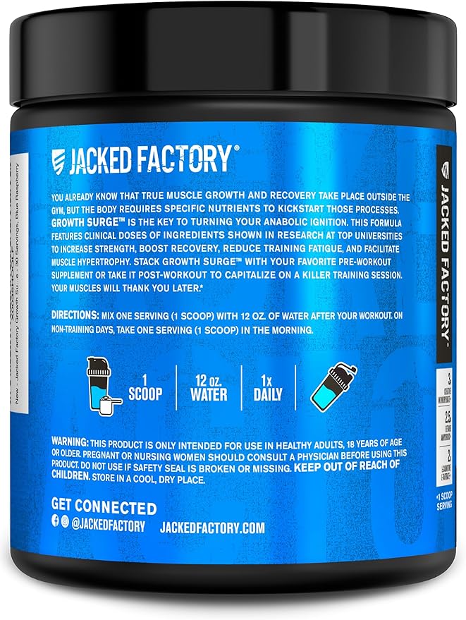 Jacked Factory Growth Surge Creatine Post Workout w/L-Carnitine - Daily Muscle Builder & Recovery Supplement with Creatine Monohydrate, Betaine, L-Carnitine L-Tartrate - 30 Servings, Blue Raspberry