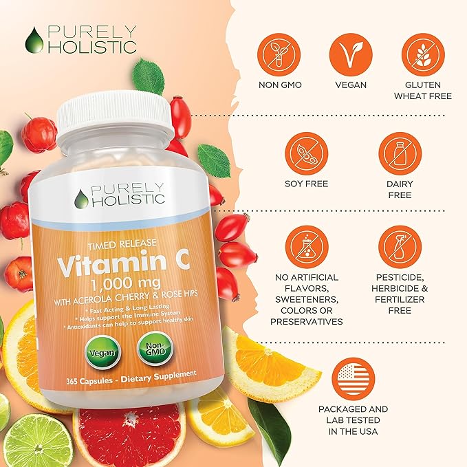 Purely Holistic Vitamin C 1000mg + Organic Elderberry Syrup Bundle - 365 Vegan Capsules + 16 fl oz - with Rosehip, Acerola Cherry, Propolis Echinacea & More - Made in USA
