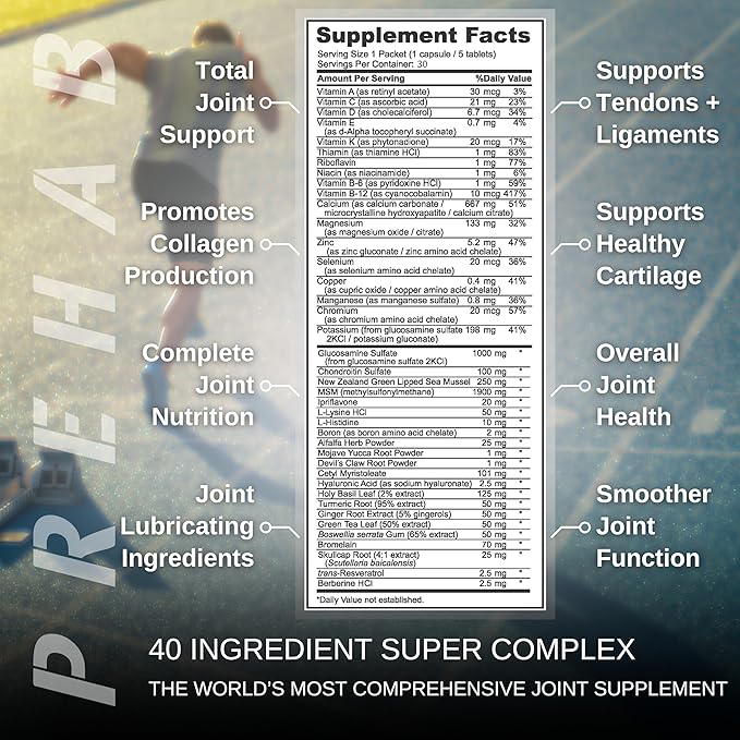 PREHAB Tendon + Ligament + Total Joint Support | Joint Supplement for Athletes | 40 Ingredient Super Complex | Glucosamine Chondroitin MSM Turmeric Boswellia | Premium Tendon Ligament Joint Supplement