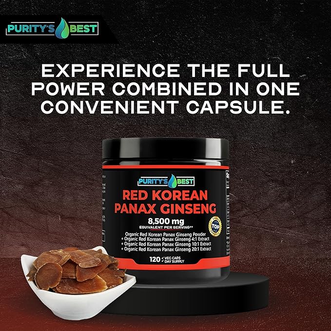 Purity’s Best RED Korean PANAX Ginseng Powder + 4X + 10x + 20x Extract, 8,500mg Eq. Per Serving, 5% Ginsenosides!, High Potency Ginsenosides for Energy, Concentration & Immune Support, 120 Capsules