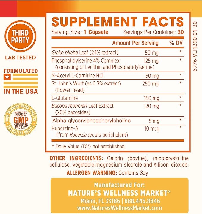 Natures Wellness Brain Booster | Natural Cognitive Enhancer for Increased Focus, Memory and Mental Clarity | Nootropics Brain Supplement | DMAE, Rhodiola Rosea Extract, Bacopa Monnieri, Ginkgo Biloba
