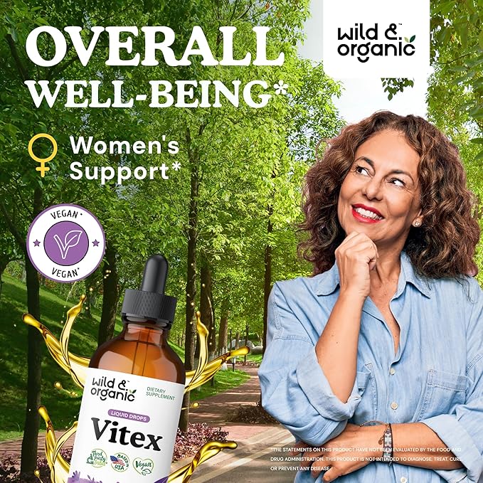 Wild & Organic Vitex Tincture - Vitex Chasteberry Supplement for Women - Liquid Chaste Tree Berry Extract for Good Mood - Vegan, Sugar & Alcohol-Free Herb Drops - 4 fl oz