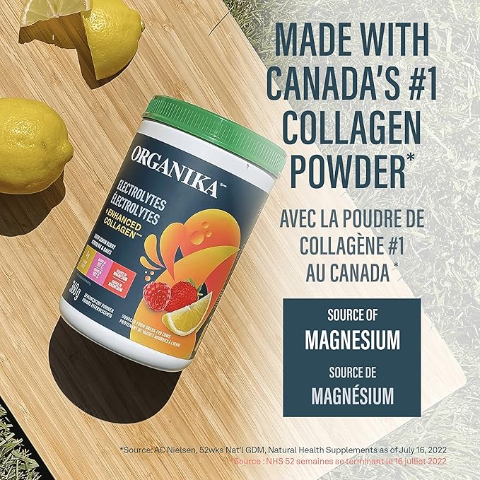 Organika Canadian-Made Electrolytes + Enhanced Collagen - Zesty Lemon Berry Flavour - Sugar-Free Hydration | 5g Protein + 100% of Daily Vitamin C | 360g, 30 Servings