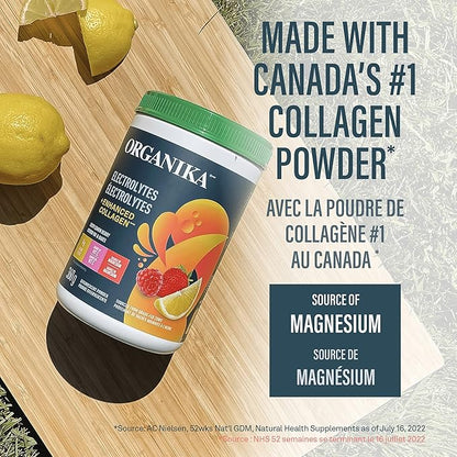 Organika Canadian-Made Electrolytes + Enhanced Collagen - Zesty Lemon Berry Flavour - Sugar-Free Hydration | 5g Protein + 100% of Daily Vitamin C | 360g, 30 Servings