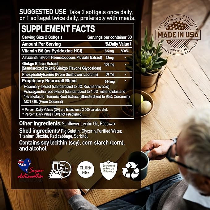 Neuroxall Brain Factors - Cognitive Support with Vitamin B6, Astaxanthin, Ginkgo Biloba Extract & Phosphatidylserine - Boosts Brain Health, Memory & Focus - 60 Softgels