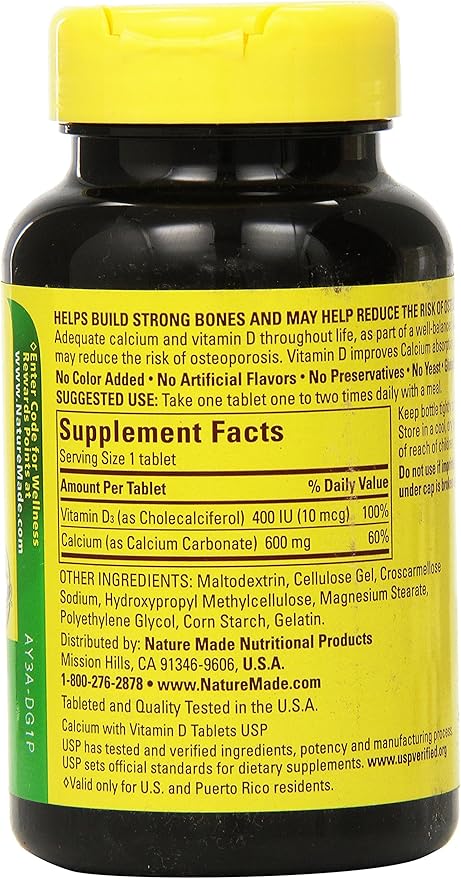 Nature Made Calcium 600 mg with Vitamin D3 for Immune Support, Tablets, 60 Count, helps support Bone Strength (Pack of 3)