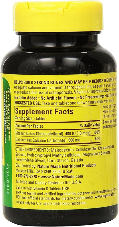 Nature Made Calcium 600 mg with Vitamin D3 for Immune Support, Tablets, 60 Count, helps support Bone Strength (Pack of 3)