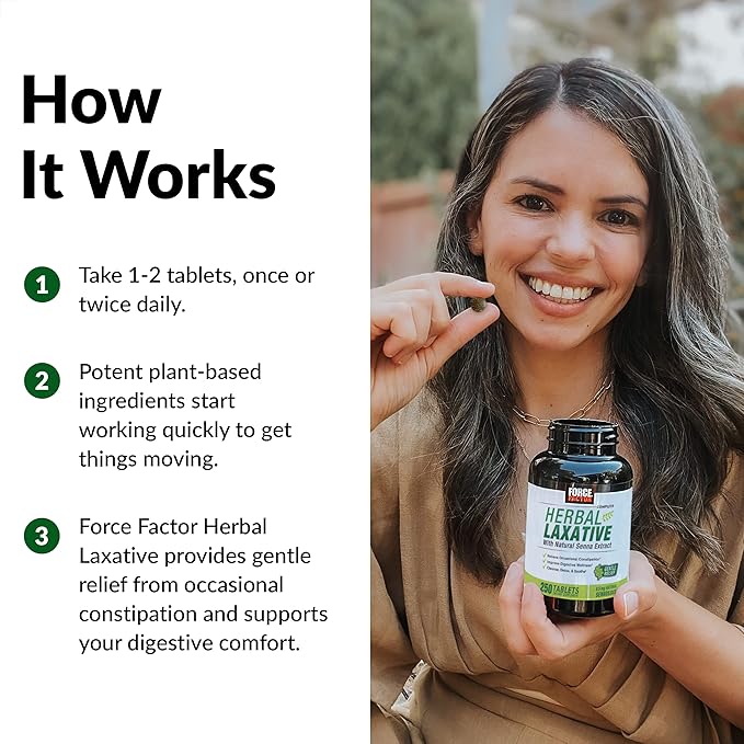 FORCE FACTOR Herbal Laxative for Constipation Relief for Adults, Digestion Supplement Made with Senna to Cleanse, Detox, and Soothe, Laxatives for Constipation for Women and Men, 250 Tablets