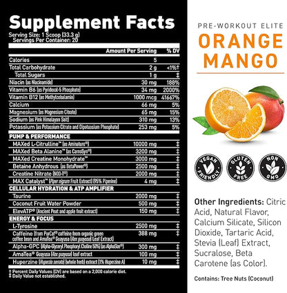 Kaged Pre Workout Powder Pre-Workout Elite for Men & Women, High Stimulant for Energy, Focus, Pumps, L-Citrulline, Beta Alanine, Creatine & 388mg of Organic Caffeine, Orange Mango