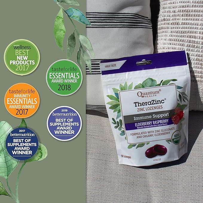 Quantum Health TheraZinc Organic Zinc Lozenges Elderberry Sambucus Raspberry & Honey Immune Support for Adults & Kids 12+ Naturally Flavored Fast Relief with No Aftertaste -18 Count (Package may vary)
