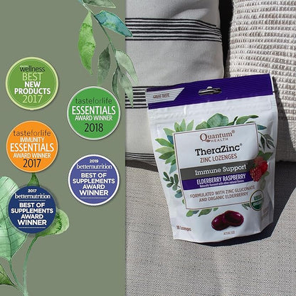 Quantum Health TheraZinc Organic Zinc Lozenges Elderberry Sambucus Raspberry & Honey Immune Support for Adults & Kids 12+ Naturally Flavored Fast Relief with No Aftertaste -18 Count (Package may vary)
