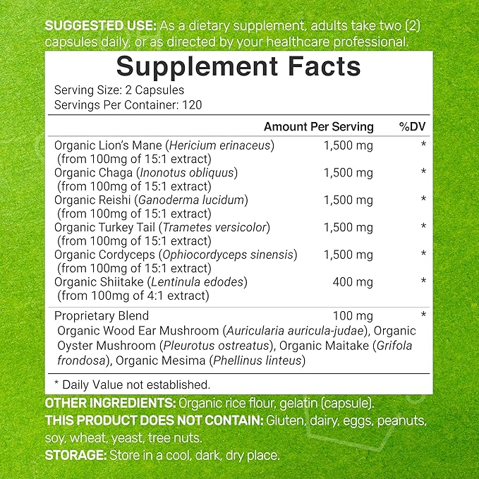 Organic 10-in-1 Mushroom Supplement 8,000mg Per Serving, 240 Capsules – Lions Mane, Turkey Tail, Reishi, Cordyceps & More Mushroom Complex – Immune, Energy & Nootropic Brain Support – Non-GMO