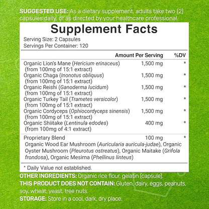 Organic 10-in-1 Mushroom Supplement 8,000mg Per Serving, 240 Capsules – Lions Mane, Turkey Tail, Reishi, Cordyceps & More Mushroom Complex – Immune, Energy & Nootropic Brain Support – Non-GMO