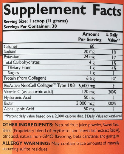 NeoCell Collagen Powder with Biotin, Vitamin C & Hyaluronic Acid, Collagen Type 1 & 3, Beauty Infusion Promotes Beautiful Skin, Healthy Hair & Nail, Gluten Free, Tangerine, 11.64 Oz