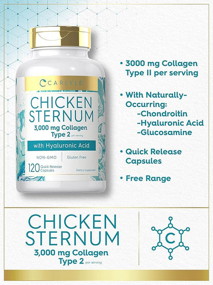 Carlyle Chicken Sternum Cartilage Collagen Capsules | Type II 3000mg | 120 Pills | with Hyaluronic Acid | Non-GMO, Gluten Free