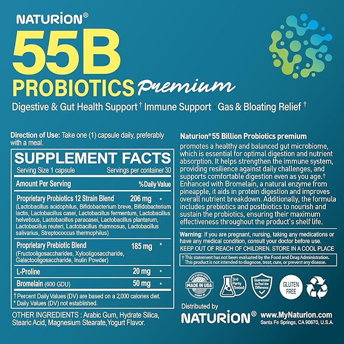 55B Probiotics Premium - 55 Billion CFU, 12 Strains, 185mg Prebiotic - Immune Support, Digestive & Gut Health - Supports Occasional Constipation, Gas & Bloating - 30 Vegan Capsules, 30 Day Supply
